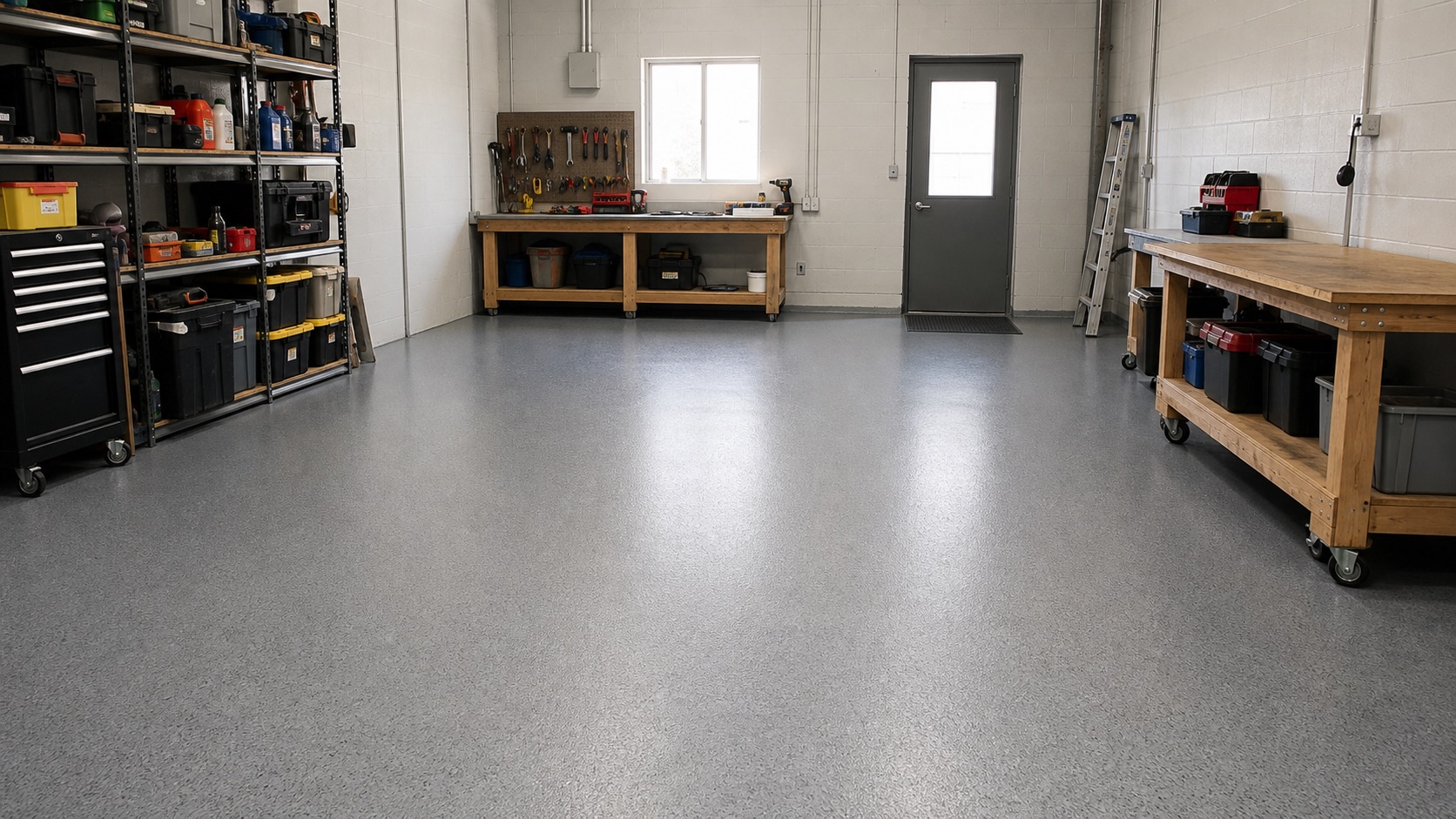 Small workshop with a durable gray epoxy-coated floor