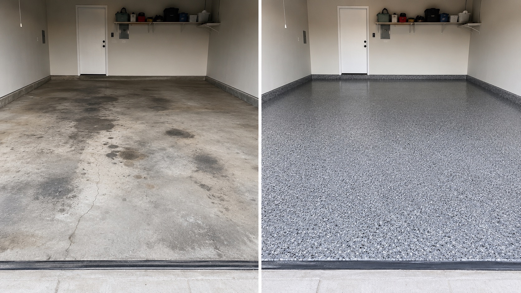 Sample transformation showing stained concrete before coating and a gray flake epoxy finish after coating